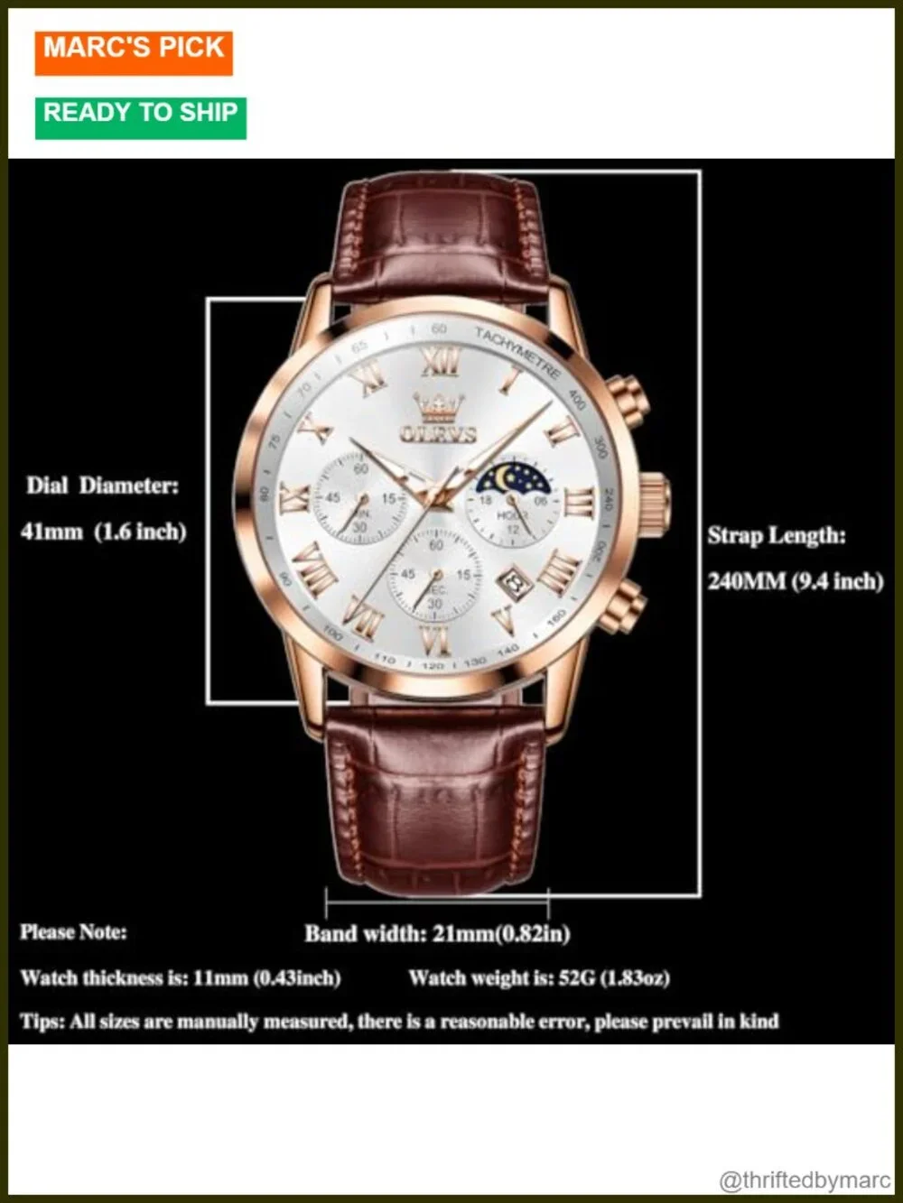 Leather Chronograph Wristwatch with Date, Luminous, Water Resistant
